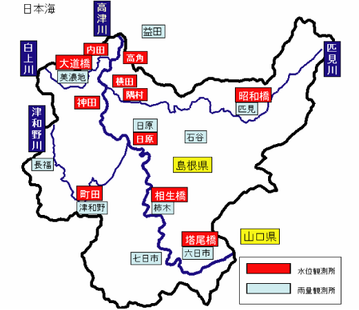 高津川流域の雨量、河川水位