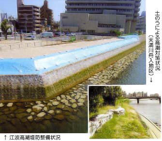 江波高潮堤防整備状況 土のうによる高潮対策状況(天満川舟入地区)
