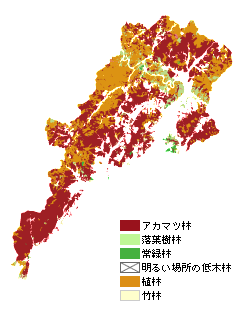 広島西部山系の植生景観を色分け