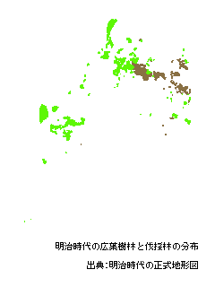 明治時代の広葉樹林と伐採林の分布