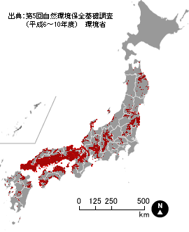 日本のアカマツ林の分布