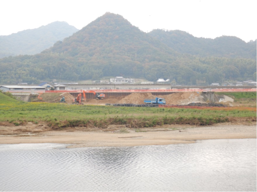 荒締切堤(仮設堤防)撤去作業岡山県倉敷市真備町(小田川左岸6k400)