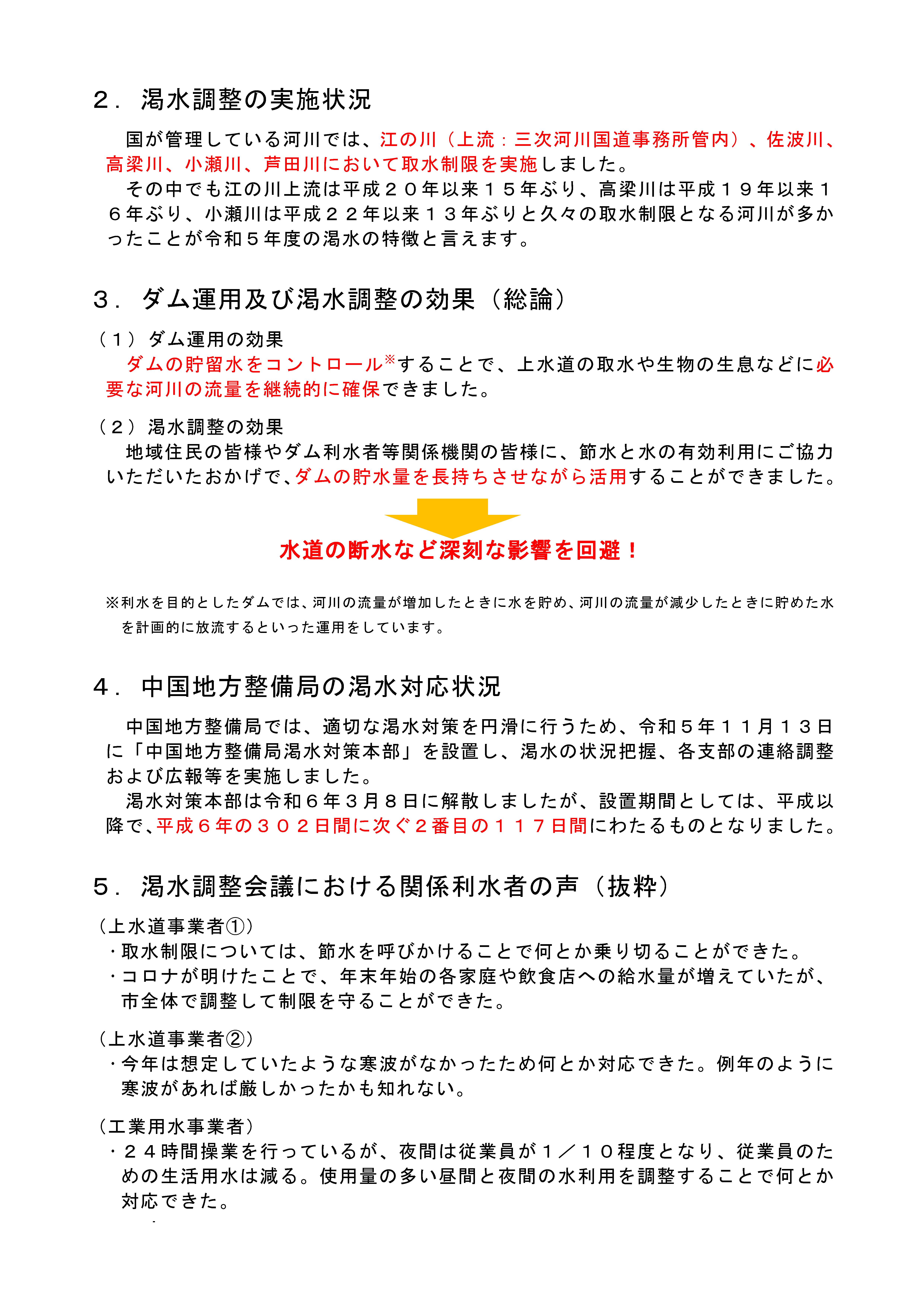 令和５年度の渇水状況